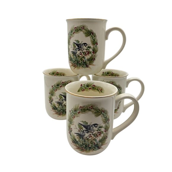 Otagiri Other - Gibson Greeting Otagiri Christmas Chickadee Wreath coffee mug set tea 4 in box V